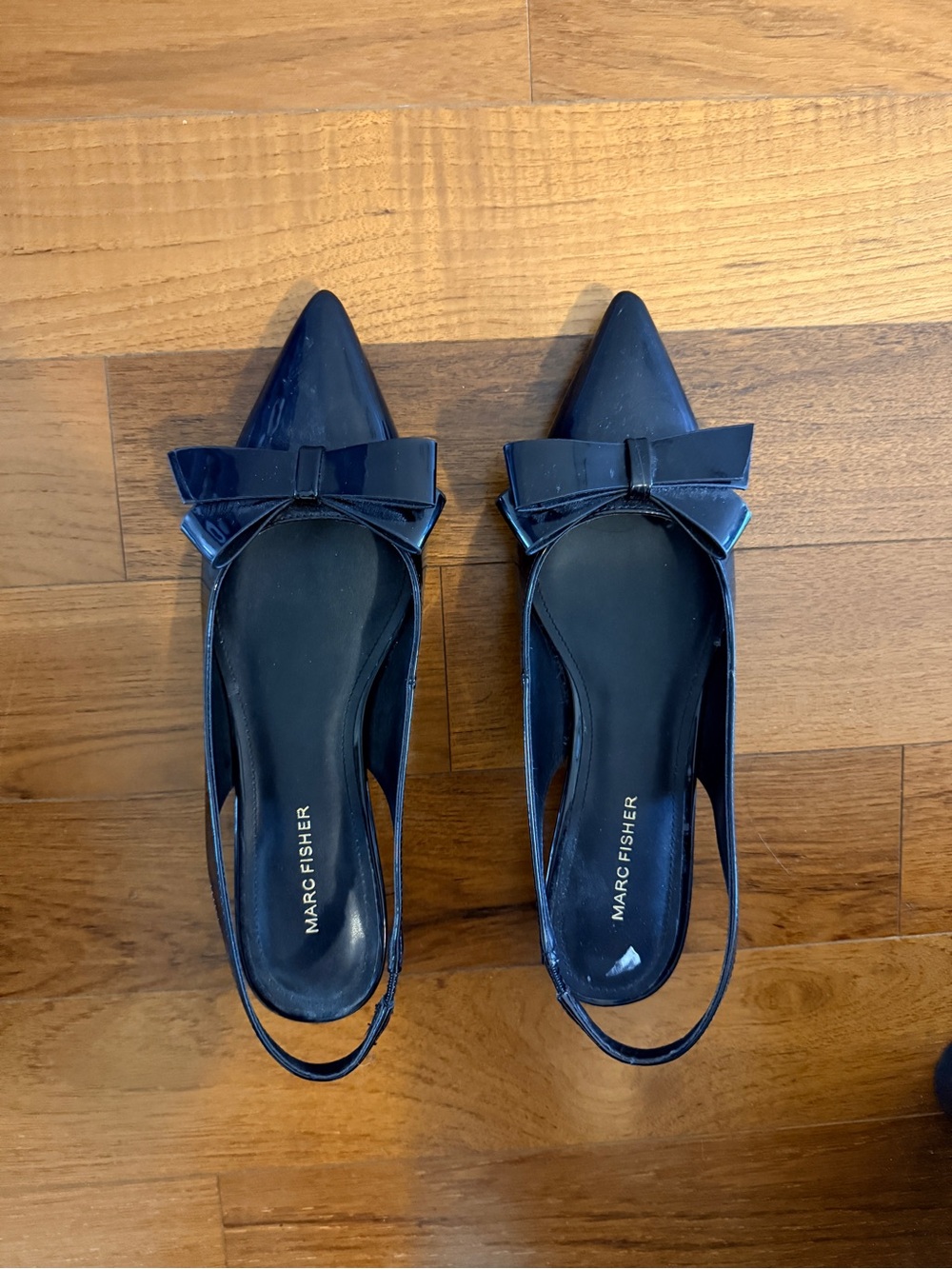 Marc Fisher Black Patent Pointed-Toe Bow Slingback Flats